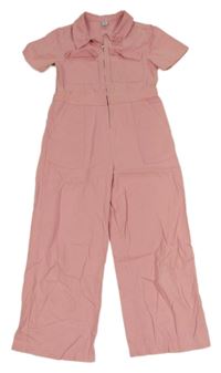 Světlerůžový plátěný kalhotový overal s kapsami a límečkem Tu