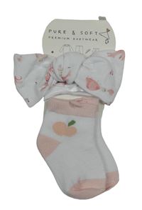 Nové - 2 set - bílo-růžové ponožky s jablkem + bílá čelenka se zvířaty 