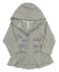 Šedá melírovaná propínací mikina s nápisy a kapucí C&A