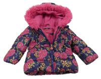 Fialovo-růžová květovaná zimní bunda s kapucí 