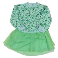 Modro-zelené květované teplákové šaty s tylovou sukní 