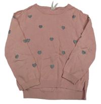 Svetloružový ľahký sveter so striebornými srdiečkami