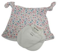 2 set - bílo-barevná květovaná čepice + bílé rukavice 