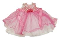 Růžovo-bílé tylové květované slavnostní šaty s páskem 