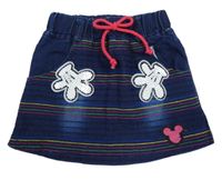 Tmavomodrá rifľová sukňa s farebnymi prúžkami a nášivkami