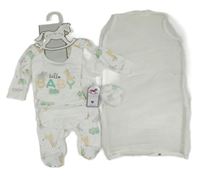 Nové - 5 set - bílý overal se zvířátky + body + čepice + rukavice + slinták 