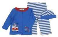 3 set - modré propínací triko s autem + bílo-modré pruhované lehké tepláky + čepice 