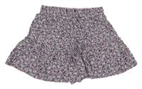Lila-čierno-biele kvetované ľahké sukňové kraťasy