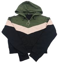 Černo-růžovo-khaki crop mikina s kapucňou Select