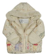 Smetanová květovaná šusťáková zimní bunda s Medvídkem Pú a kamarády a kapucí George