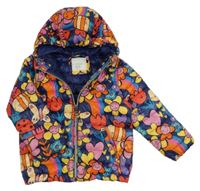 Tmavomodro-farebná šušťáková zateplená bunda s kvetmi a srdiečkami a kapucňou Next