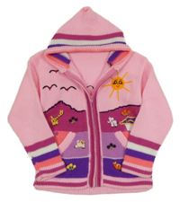 Růžovo-barevný propínací svetr s obrázky a kapucí 