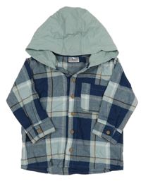 Tmavomodro-svetlomodrá kockovaná košeľa s kapucňou