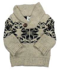 Béžovo-čierny vzorovaný sveter s golierikom