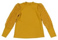 Hořčicové žebrované triko s nařasenými rukávy 