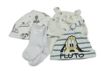 4set- bílá pruhovaná čepice s Plutem+ bílá s ježky+ bílá s obrázky+ bílé ponožky