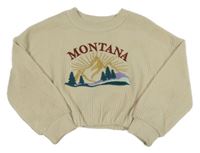 Béžová pruhovaná crop mikina s horami a nápisom Primark