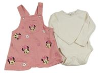 2set - Růžové riflové laclové šaty s Minnie + smetanové žebrované body Disney 