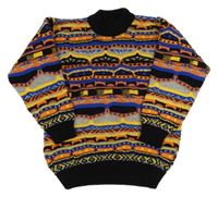 Čierno-modro-oranžový vzorovaný sveter