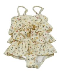 Smetanové vrstvené jednodílné plavky s kytičkami a motýlky PUSBLU