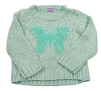 Mátový melírovaný sveter s motýlom F&F