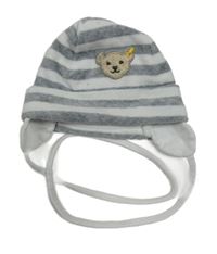 Sivo-biela pruhovaná zamatová podšitá čapica s medvedíkom