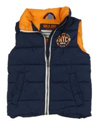 Tmavomodrá šušťáková prešívaná zateplená vesta s nápisom Dopodopo