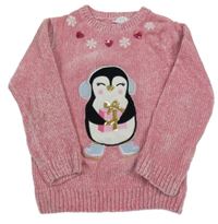 Světlerůžový žinylkový svetr s tučňákem Primark