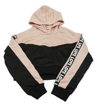 Svetloružová -čierna športová crop mikina s nápismi a kapucňou Shein