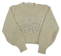 Smotanový žinylkový crop ažurový sveter s kamienkami M&S