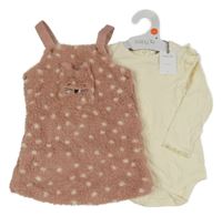 Nové - 2set - Starorůžové huňaté šaty s kočkou + smetanové žebrované body Tu