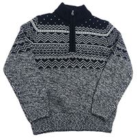 Čierno-biely melírovaný pletený sveter so vzorom St. Bernard