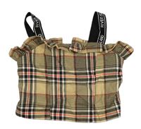 Béžovo-tmavohnědo-korálovo-biely kockovaný vzorovaný crop top s logy a volánikom RIVER ISLAND