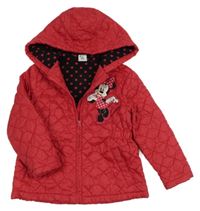 Červená prošívaná šusťáková zateplená parka s Minnie a kapucí Disney