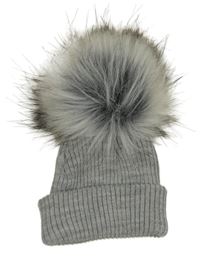 Šedá melírovaná žebrovaná pletená čepice s bambulí 