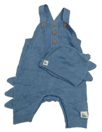 2Set - Modré melírované pletené laclové tepláky s dinosaurem a ostny + čepice Mothercare
