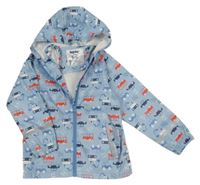 Svetlomodrá nepromokavá bunda s autami a autobusmi a buldozery a kapucňou lupilu