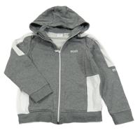 Šedo-bílá melírovaná propínací mikina s logem a kapucí HUGO BOSS