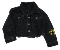 Čierna rifľová crop bunda s vyšúchaním a smajlíkmi a nápismi a golierikom SHEIN