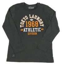 Tmavosivé melírované tričko s číslom a logom TOKYO LAUNDRY