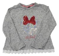 Sivo-bielo-čierny melírovaný úpletový sveter s Minnie z flitrů a čipkovým volánikom PRIMARK