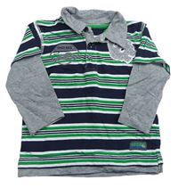 Tmavomodro-bielo-zeleno-sivé pruhované polo tričko s výšivkou
