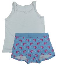2set - Bílá košilka + modré kalhotky s jednorožci