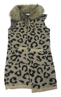 Hnedý svetrový cardigan s leopardím vzorom a kožešinou Primark