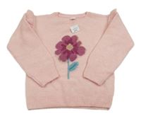 Nové - Ružový sveter s kvetinou a volánikmi Pep&Co