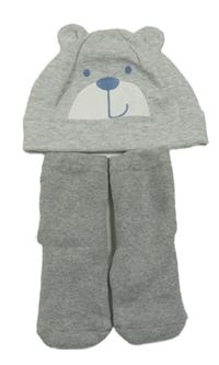 2set - Šedá melírovaná čepice - medvěd + šedé melírované teplé ponožky