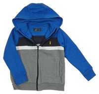 Šedo-modro-tmavomodrá propínací mikina s nášivkou a kapucí Next