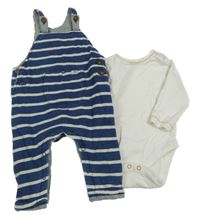 2set - Tmavomodro-smetanové pruhované podšité laclové tepláky + smetanové body Next
