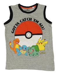 Sivé melírované tielko s Pokémony a Pokéballem