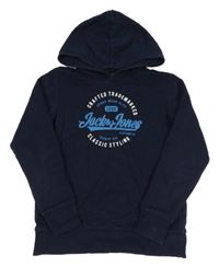Tmavomodrá mikina s nápisom a kapucňou Jack & Jones
